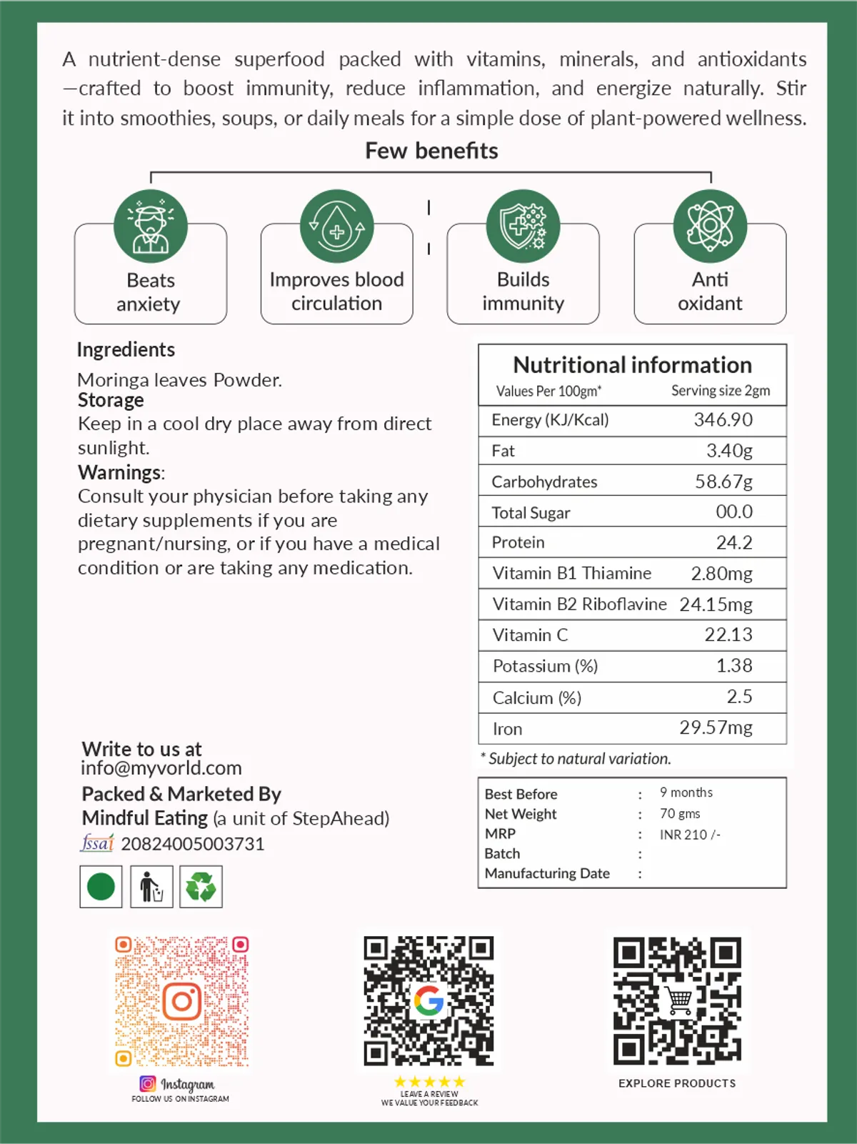 The Moringa Leaves Powder - 70gm